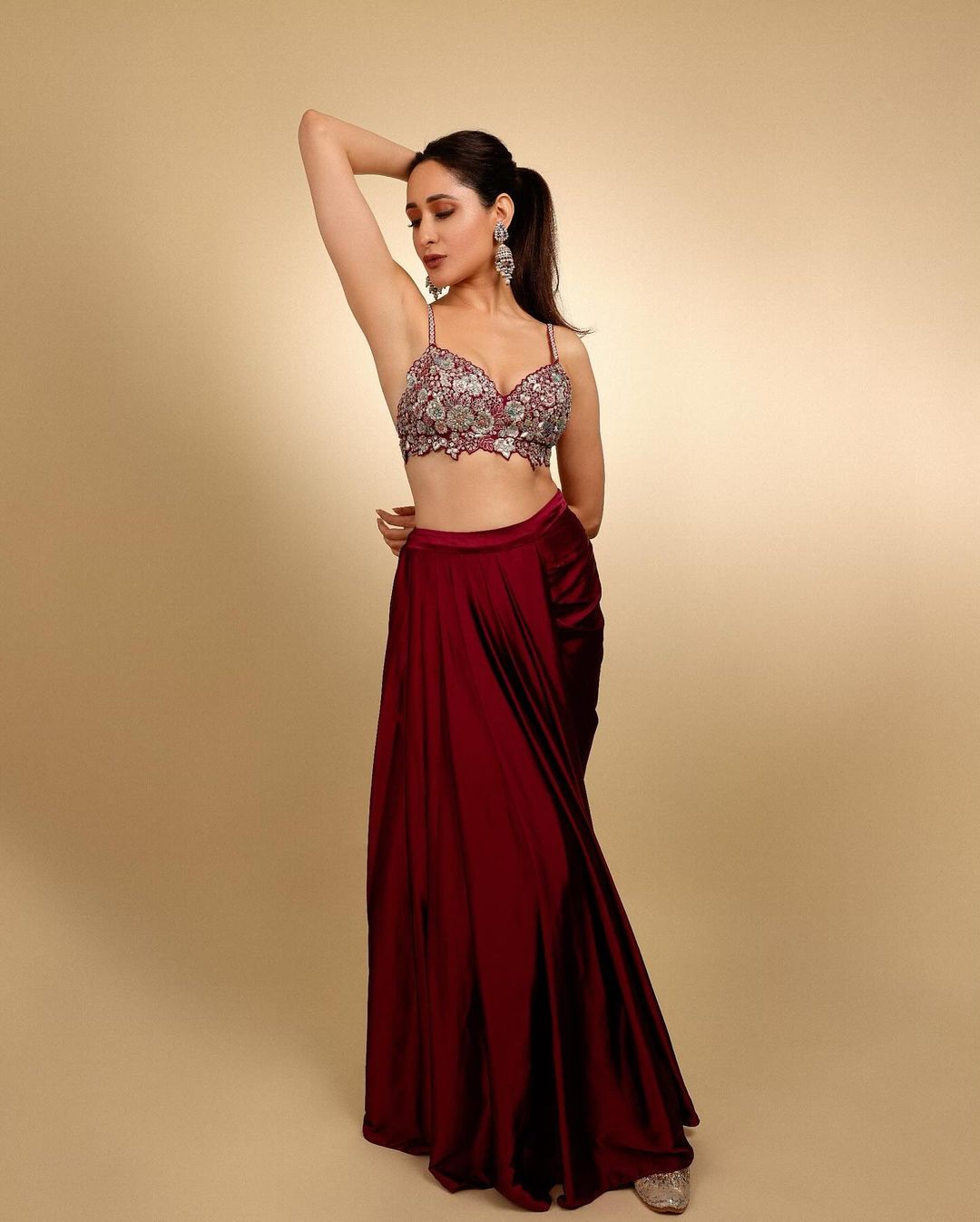 South Indian Actress Pragya Jaiswal in Maroon Lehenga Choli